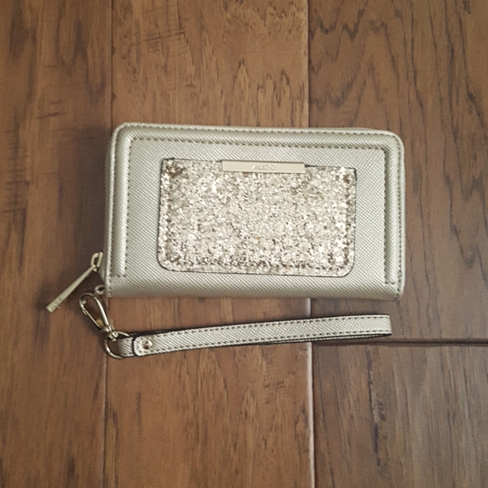 Aldo Gold Glitter Patch Wallet with Detachable Wristlet Strap